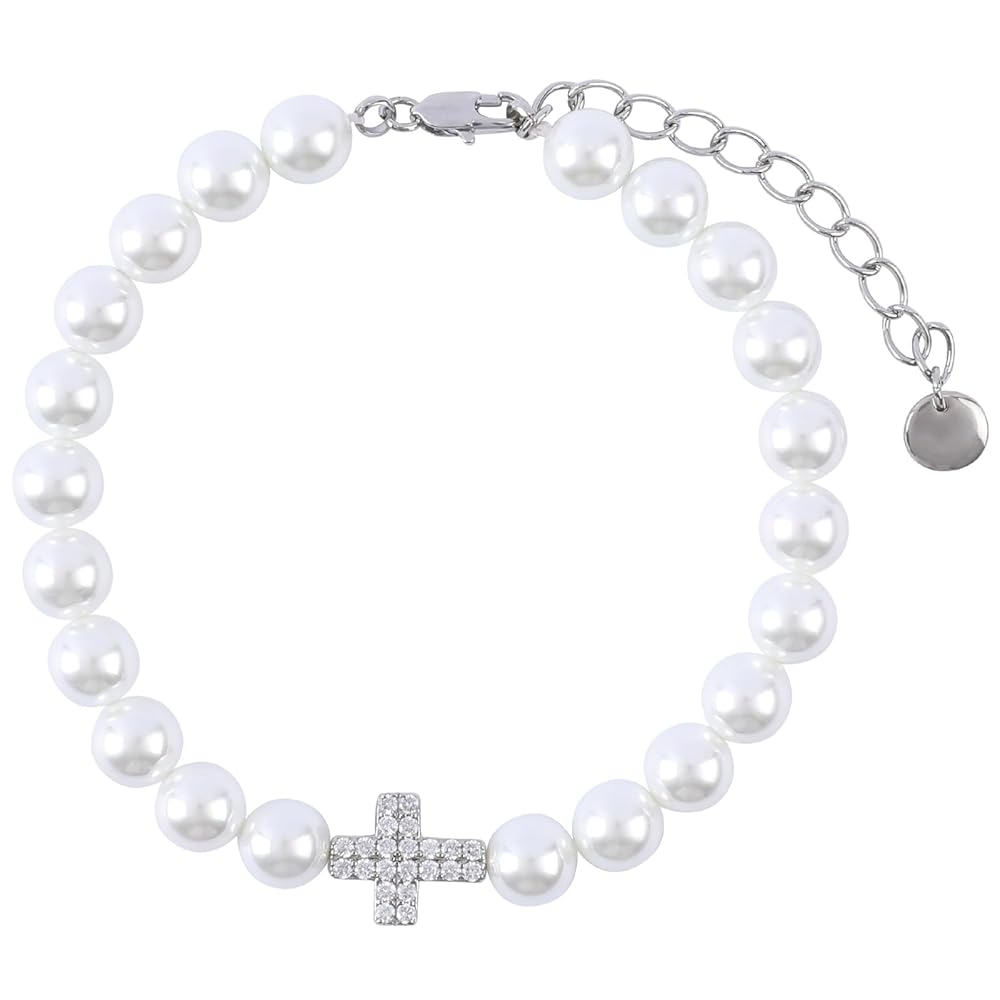 Pulsera de perlas con dijes de cruz helada